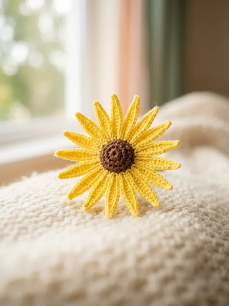 Close-up of a yellow crochet pointed-petal daisy with a small brown center, showing the tapered petals